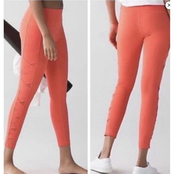 Lululemon Rise and Flow Pant Mesh Criss Cross Size 4 Orange Coral EUC - Picture 1 of 10
